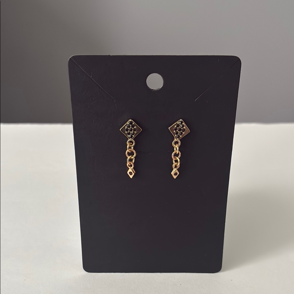 🖤🌿Geometric Gold & Black Rhinestone Dangle Earrings